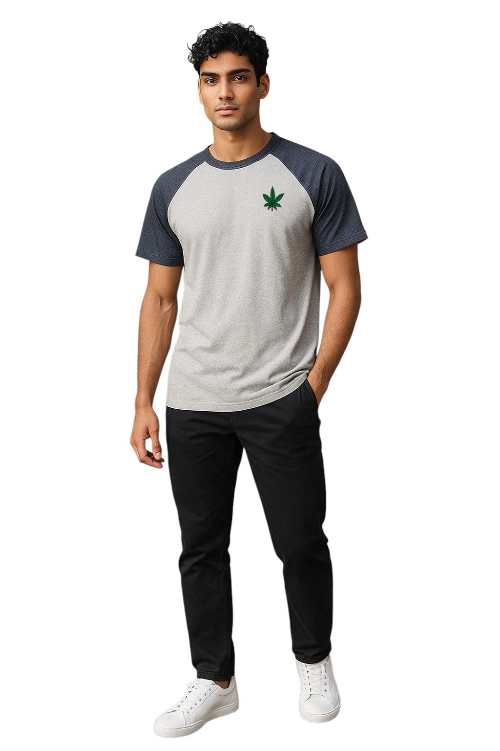 W1980-0517EM WEED LEAF RAGLAN CREW NECK TEE