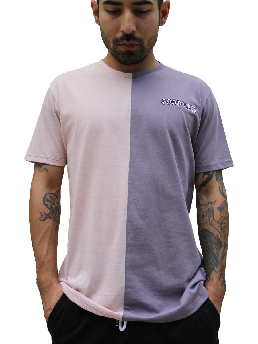 W2493-0789EM GOOD VIBES SPLIT PANEL CREW NECK TEE