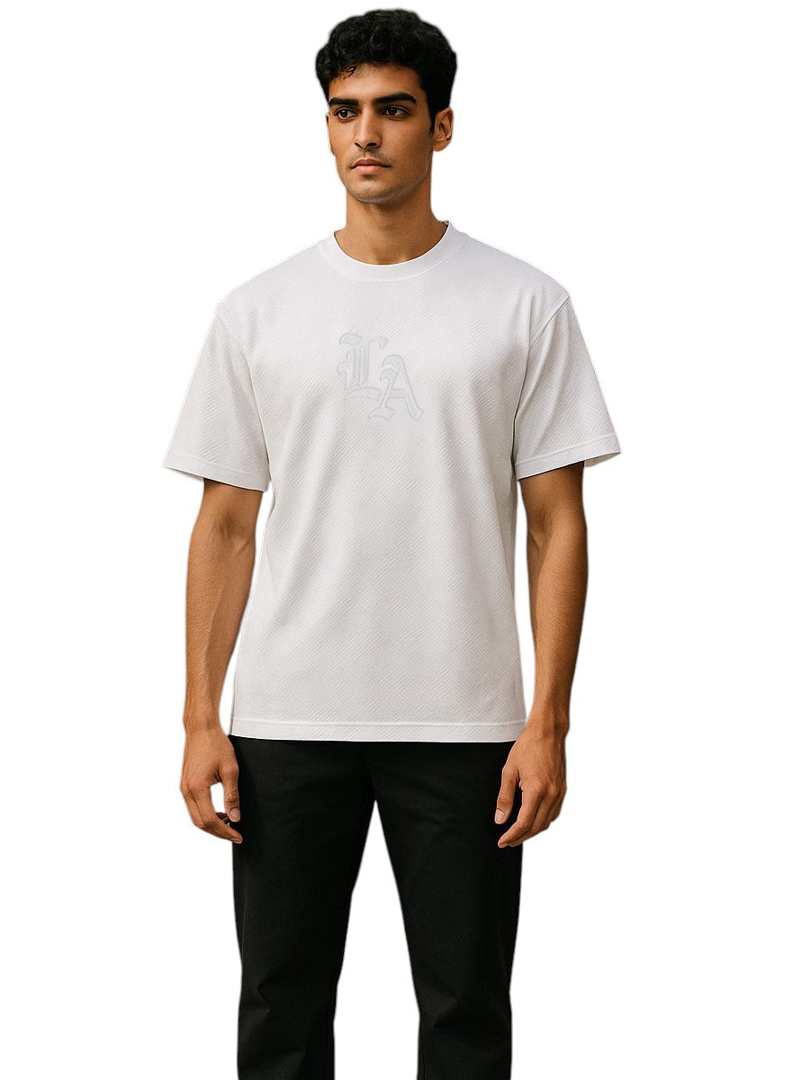 W2494-0912EMB GEO KNIT EMBOSSED L.A CREW NECK BOXY TEE