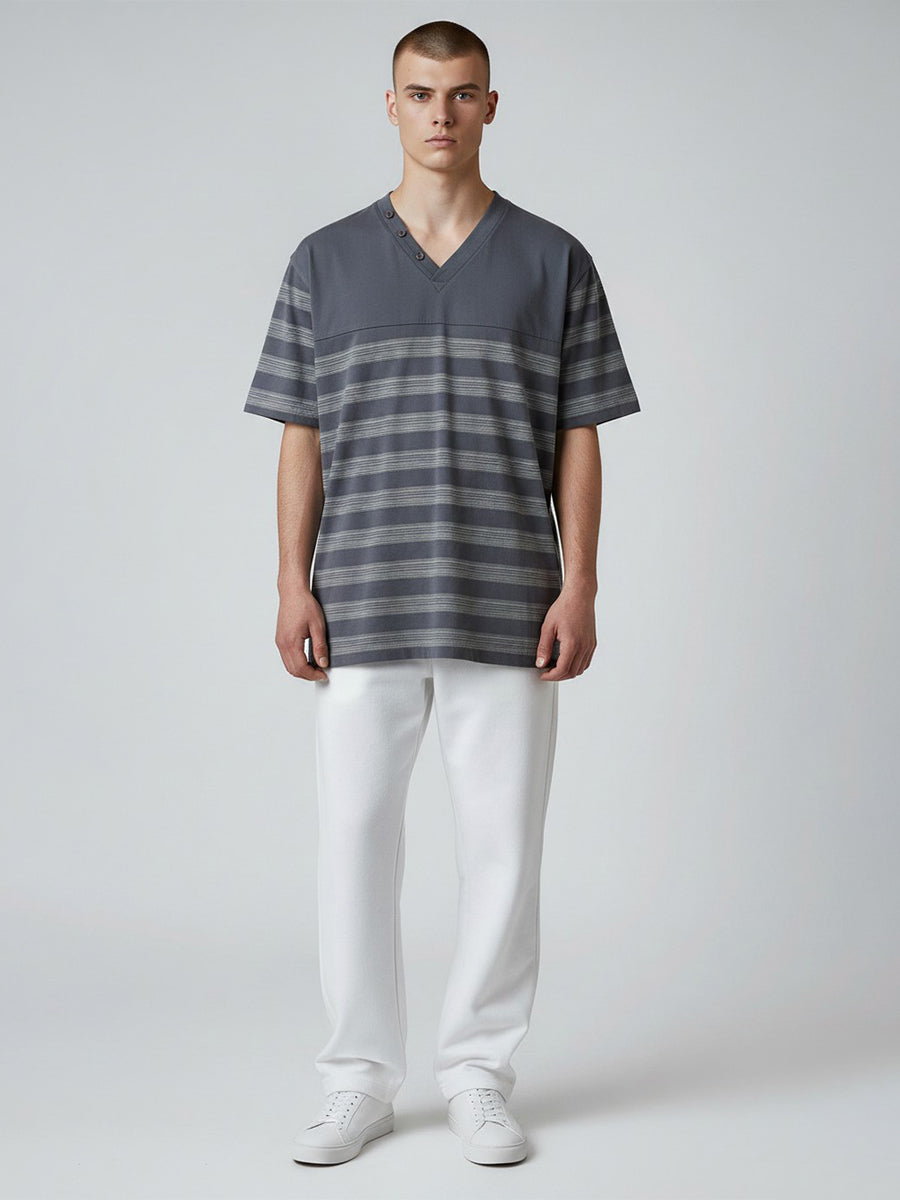 W1552-0001 MEN'S MELANGE STRIPE JERSEY BUTTON V NECK TEE