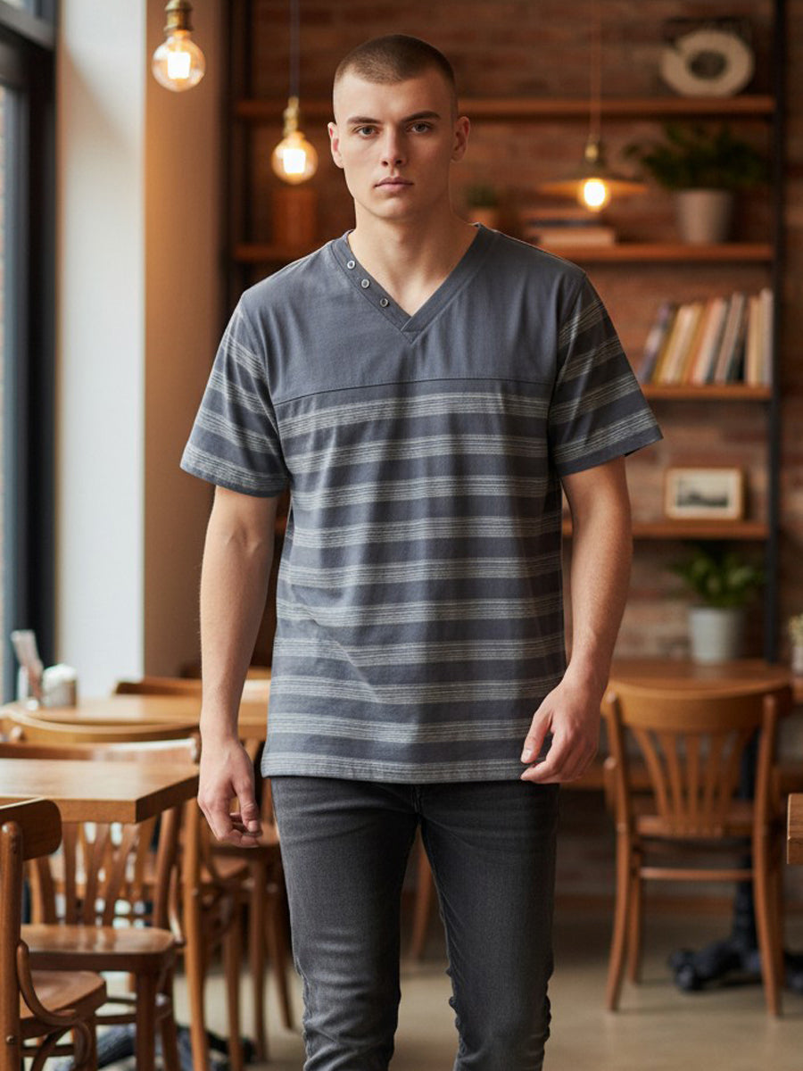 W1552-0001 MEN'S MELANGE STRIPE JERSEY BUTTON V NECK TEE