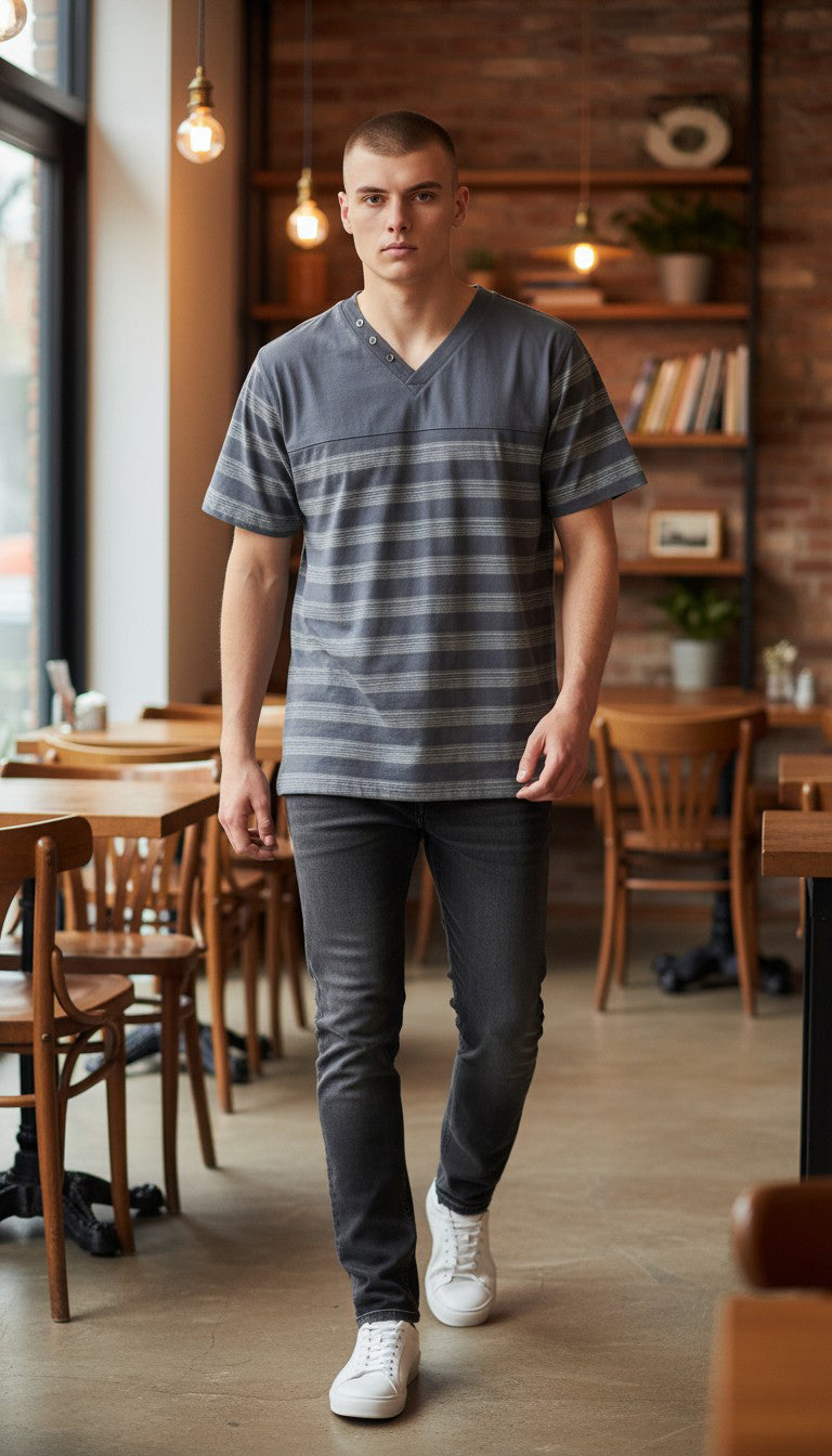 W1552-0001 MEN'S MELANGE STRIPE JERSEY BUTTON V NECK TEE