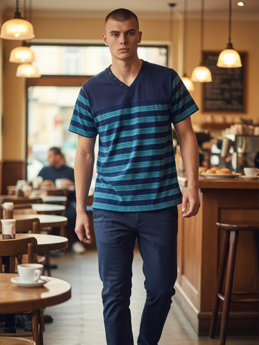 W1552-0001 MEN'S MELANGE STRIPE JERSEY BUTTON V NECK TEE