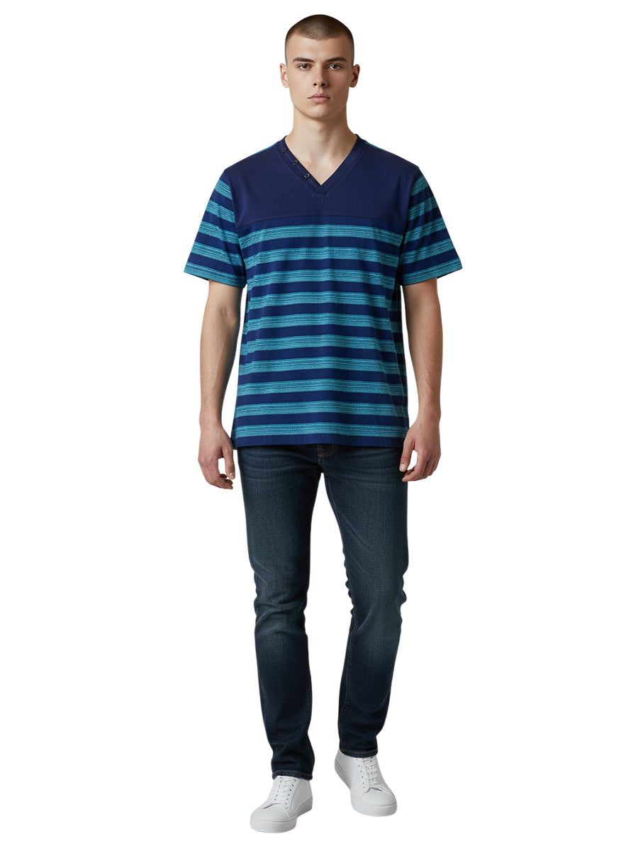 W1552-0001 MEN'S MELANGE STRIPE JERSEY BUTTON V NECK TEE