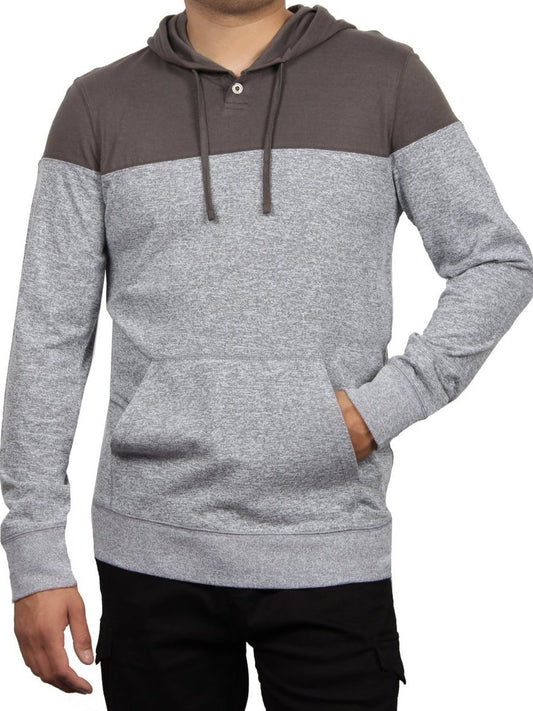 LONG SLEEVE 1 BUTTON HENLEY PULLOVER HOODIE - DARK GREY  SKU: W2366-0007