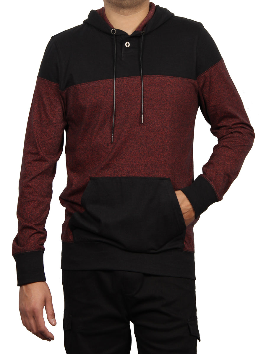 LONG SLEEVE 1 BUTTON HENLEY PULLOVER HOODIE - BLACK CHERRY  SKU: W2366-0008A